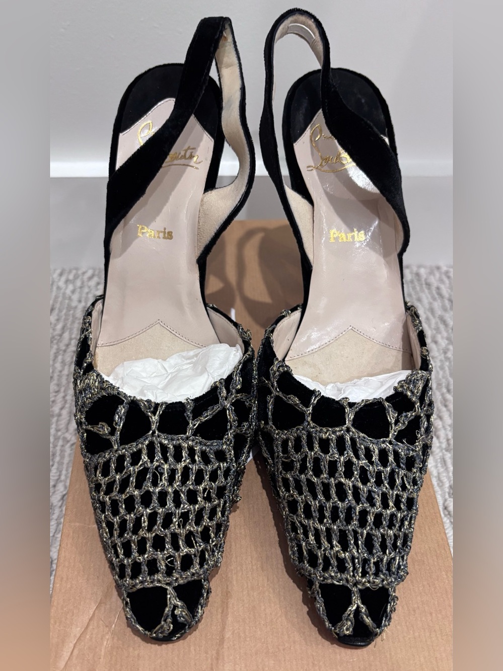 Christian Louboutin Black Velvet Slingback Heels with Metallic Crochet Overlay